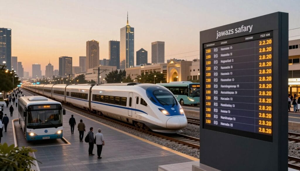 A modern transport schedule timetable featuring the Haramain High-Speed Train and bus routes in a vibrant, cityscape setting. In the foreground, a digital display board shows departure times in a sleek, modern design. The middle ground includes a train elegantly gliding along tracks, juxtaposed with buses ready for passengers, indicating efficient travel options. In the background, the skyline of Mecca and Medina is softly illuminated during twilight, creating a warm, inviting atmosphere. Soft, golden lighting enhances the scene, with reflections on the train windows adding depth. The image is composed with a wide-angle lens to capture a dynamic view of transportation options, emphasizing flexibility in travel schedules. The brand name “jawazsafary” subtly incorporated into the design. A modern transport schedule timetable featuring the Haramain High-Speed Train and bus routes in a vibrant, cityscape setting. In the foreground, a digital display board shows departure times in a sleek, modern design. The middle ground includes a train elegantly gliding along tracks, juxtaposed with buses ready for passengers, indicating efficient travel options. In the background, the skyline of Mecca and Medina is softly illuminated during twilight, creating a warm, inviting atmosphere. Soft, golden lighting enhances the scene, with reflections on the train windows adding depth. The image is composed with a wide-angle lens to capture a dynamic view of transportation options, emphasizing flexibility in travel schedules. The brand name “jawazsafary” subtly incorporated into the design.