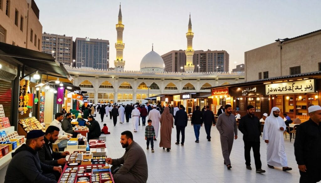 A panoramic scene of the vicinity around the Grand Mosque in Mecca, showcasing the hustle and bustle of daily life with vibrant street activity. In the foreground, vendors selling traditional goods and visitors engaged in conversation. The middle ground features a diverse group of people, including families and tourists dressed in modest clothing, comfortably navigating the lively streets lined with shops and cafes. The background captures the magnificent Grand Mosque, illuminated by soft, warm lighting during golden hour, creating a welcoming and spiritual atmosphere. A wide-angle perspective emphasizes the proximity of housing options, blending modern apartments with traditional architecture. The image is devoid of textual elements, ensuring focus on the essence of Mecca's community and living environment, reflecting the essence of "jawazsafary".