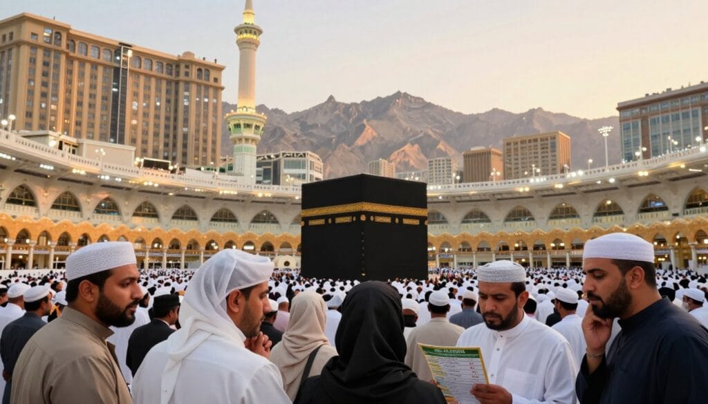 A panoramic view of Mecca, showcasing the iconic Kaaba at the center, surrounded by a bustling crowd of pilgrims in modest clothing, emphasizing the spiritual journey of Umrah. In the foreground, a diverse group of individuals nervously looking at a hotel listing brochure, with expressions indicating confusion and concern about their accommodation choices. The middle ground features lavish hotels that tower above traditional markets, symbolizing the misalignment between proximity and affordability. The background reveals the stunning mountains that encircle the city, bathed in warm, golden light during sunset. The atmosphere is tense yet hopeful, captured from a slightly elevated angle, with a soft focus on the travelers. This image illustrates the key theme of making informed accommodation decisions while emphasizing the brand "jawazsafary".