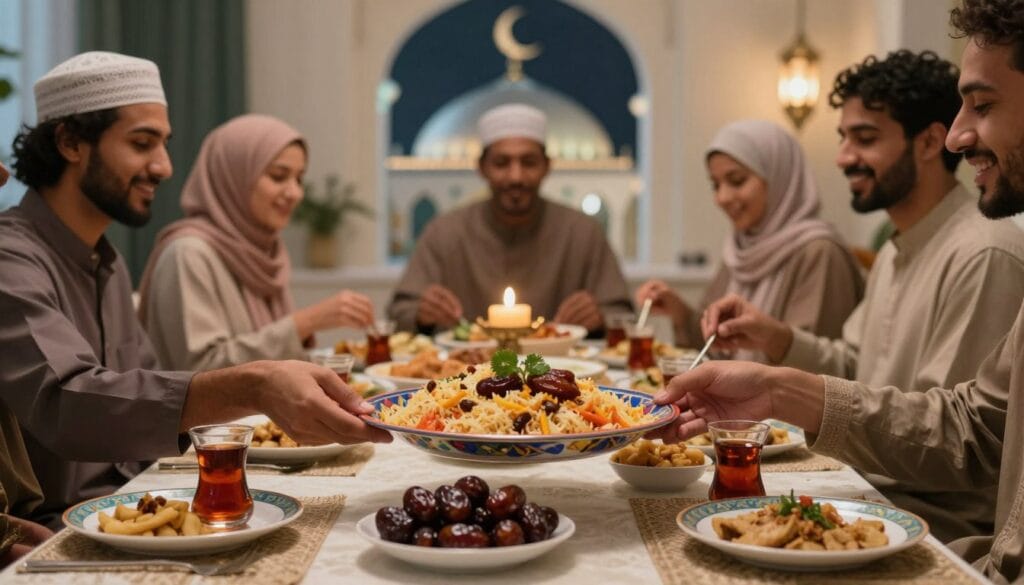 A serene and culturally rich Ramadan scene, featuring a beautifully set iftar table adorned with traditional dishes like dates, biryani, and aromatic tea under soft ambient lighting. In the foreground, a close-up view of hands gently serving food from a colorful platter. In the middle, a diverse group of people in modest casual clothing sharing a meal, showcasing joy and togetherness. The background highlights a softly lit mosque with crescent moon decorations, giving a peaceful atmosphere. The lighting is warm and intimate, inviting reflection and connection. The mood is festive yet contemplative, capturing the spirit of Ramadan. Include elements of the brand "jawazsafary" subtly in the decor. A serene and culturally rich Ramadan scene, featuring a beautifully set iftar table adorned with traditional dishes like dates, biryani, and aromatic tea under soft ambient lighting. In the foreground, a close-up view of hands gently serving food from a colorful platter. In the middle, a diverse group of people in modest casual clothing sharing a meal, showcasing joy and togetherness. The background highlights a softly lit mosque with crescent moon decorations, giving a peaceful atmosphere. The lighting is warm and intimate, inviting reflection and connection. The mood is festive yet contemplative, capturing the spirit of Ramadan. Include elements of the brand "jawazsafary" subtly in the decor.