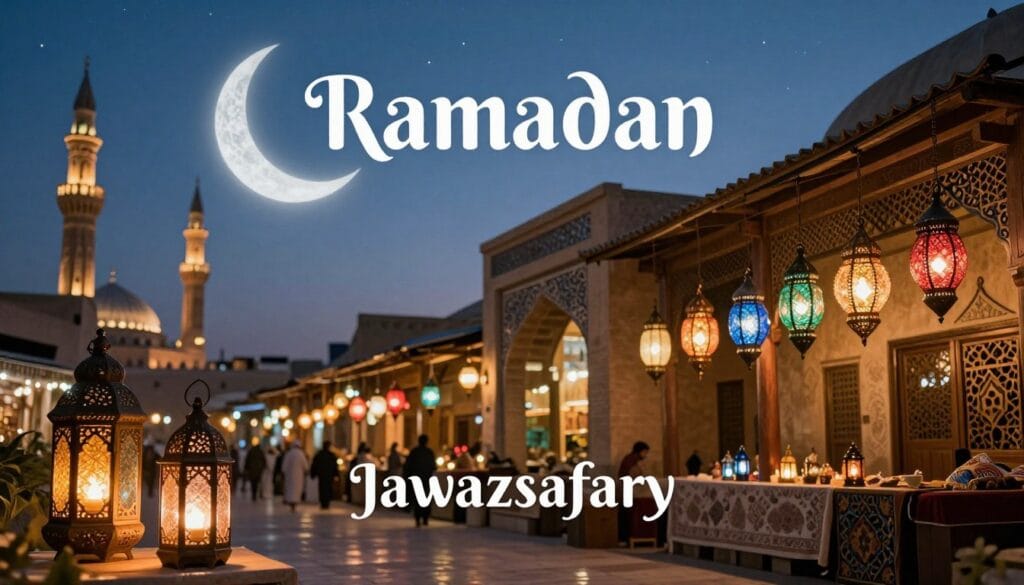 A serene and culturally rich depiction of "Ramadan," showcasing a beautifully illuminated crescent moon and vibrant lanterns hanging over a traditional Middle Eastern marketplace during evening time. In the foreground, elegant glass lanterns emit a warm glow, while the middle ground features intricate, ornate architecture, reflecting the unique style of Egyptian design. The background should include softly lit minarets against a deep twilight sky, speckled with stars. The atmosphere conveys a sense of peace and spiritual reflection, highlighting the essence of this holy month. Soft, ambient lighting creates a tranquil mood. The entire scene should encapsulate the beauty and significance of Ramadan, designed for Jawazsafary. A serene and culturally rich depiction of "Ramadan," showcasing a beautifully illuminated crescent moon and vibrant lanterns hanging over a traditional Middle Eastern marketplace during evening time. In the foreground, elegant glass lanterns emit a warm glow, while the middle ground features intricate, ornate architecture, reflecting the unique style of Egyptian design. The background should include softly lit minarets against a deep twilight sky, speckled with stars. The atmosphere conveys a sense of peace and spiritual reflection, highlighting the essence of this holy month. Soft, ambient lighting creates a tranquil mood. The entire scene should encapsulate the beauty and significance of Ramadan, designed for Jawazsafary.