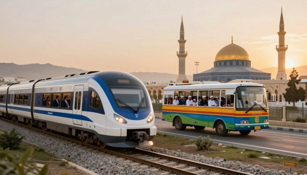 A serene comparison scene depicting the journey between Mecca and Medina. In the foreground, showcase a sleek, modern Haramain train gliding smoothly on its tracks, with travelers seated comfortably inside, dressed in professional attire. In the middle ground, illustrate a traditional bus, vibrant in color, driving along a scenic route with families and individuals aboard in casual, modest clothing, all enjoying the ride. The background should feature the iconic landscapes of the Sacred Mosque and the Prophet's Mosque, highlighted by warm, golden lighting of a sunset. Use a wide-angle perspective to capture both modes of transport and the captivating scenery. Aim for a balanced, informative mood that encapsulates the essence of travel. Include "jawazsafary" subtly blended into the landscape without overt branding. A serene comparison scene depicting the journey between Mecca and Medina. In the foreground, showcase a sleek, modern Haramain train gliding smoothly on its tracks, with travelers seated comfortably inside, dressed in professional attire. In the middle ground, illustrate a traditional bus, vibrant in color, driving along a scenic route with families and individuals aboard in casual, modest clothing, all enjoying the ride. The background should feature the iconic landscapes of the Sacred Mosque and the Prophet's Mosque, highlighted by warm, golden lighting of a sunset. Use a wide-angle perspective to capture both modes of transport and the captivating scenery. Aim for a balanced, informative mood that encapsulates the essence of travel. Include "jawazsafary" subtly blended into the landscape without overt branding.