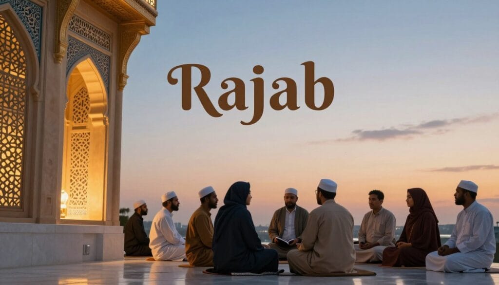 A serene depiction of the month of "Rajab," highlighting its significance in a spiritual journey. In the foreground, elegant Islamic architecture, featuring intricate geometric patterns and soft golden light, creating a peaceful ambiance. In the middle ground, a group of diverse travelers dressed in modest, professional clothing, respectfully engaged in conversation while planning their pilgrimage, symbolizing unity and purpose. The background showcases a tranquil sky transitioning from day to dusk, enveloping the scene in soft hues of blue and orange, evoking a sense of hope and serenity. The overall mood should reflect warmth and anticipation, perfect for those preparing for their journey. Include the brand name "jawazsafary" subtly in the design. A serene depiction of the month of "Rajab," highlighting its significance in a spiritual journey. In the foreground, elegant Islamic architecture, featuring intricate geometric patterns and soft golden light, creating a peaceful ambiance. In the middle ground, a group of diverse travelers dressed in modest, professional clothing, respectfully engaged in conversation while planning their pilgrimage, symbolizing unity and purpose. The background showcases a tranquil sky transitioning from day to dusk, enveloping the scene in soft hues of blue and orange, evoking a sense of hope and serenity. The overall mood should reflect warmth and anticipation, perfect for those preparing for their journey. Include the brand name "jawazsafary" subtly in the design.