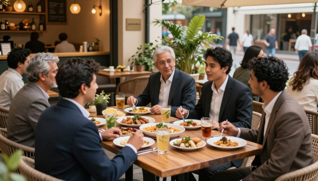A serene outdoor café scene featuring a modestly dressed young woman wearing a hijab, seated comfortably at a wooden table. She appears relaxed and engaged, reviewing food options in a calm, thoughtful manner. The table is set with a simple selection of traditional meals and drinks, representing affordable and practical food choices. The middle ground shows a cozy café environment with warm natural lighting, subtle decor, and potted plants, creating a welcoming and respectful atmosphere. The background includes a lively street scene with soft movement and passersby, adding realism without distraction. The overall mood is calm, friendly, and practical, reflecting mindful and economical dining during travel. Style should be realistic and natural, not cinematic or exaggerated. No text on the image. Subtle brand name "jawazsafary" blended naturally into the café decor. A serene outdoor café scene featuring a modestly dressed young woman wearing a hijab, seated comfortably at a wooden table. She appears relaxed and engaged, reviewing food options in a calm, thoughtful manner. The table is set with a simple selection of traditional meals and drinks, representing affordable and practical food choices. The middle ground shows a cozy café environment with warm natural lighting, subtle decor, and potted plants, creating a welcoming and respectful atmosphere. The background includes a lively street scene with soft movement and passersby, adding realism without distraction. The overall mood is calm, friendly, and practical, reflecting mindful and economical dining during travel. Style should be realistic and natural, not cinematic or exaggerated. No text on the image. Subtle brand name "jawazsafary" blended naturally into the café decor.