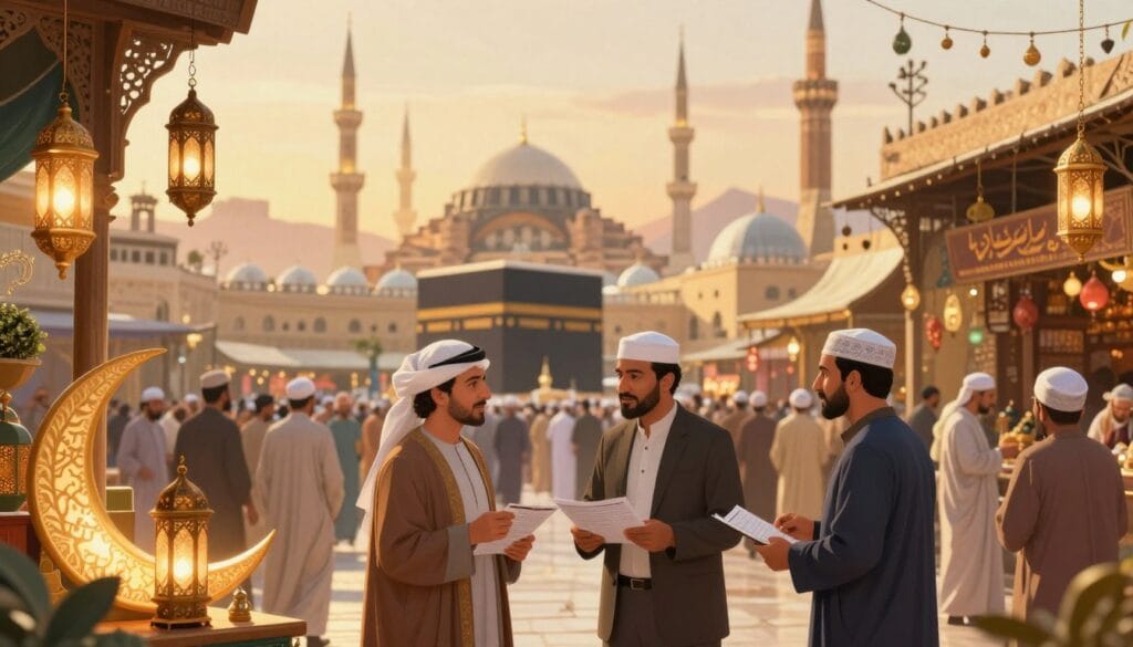 A vibrant and detailed illustration representing "رمضان" in the context of a bustling market in Egypt during travel season in 2026. In the foreground, showcase traditional Ramadan decorations such as lanterns and crescent moons, symbolizing the holy month. In the middle, depict groups of people dressed in modest and professional attire engaging in discussions about travel plans to Mecca and Medina, portraying a sense of anticipation and community. The background should feature iconic elements like a skyline with minarets and mosques, bathed in warm golden evening light, evoking a spiritual and welcoming atmosphere. The scene is lively yet focused, highlighting the significance of travel, demand, and price fluctuations for pilgrims. The image should have a slight depth of field, drawing attention to the foreground while softly blurring the background, creating a sense of immersion. Include the brand name "jawazsafary" subtly integrated into the scene.