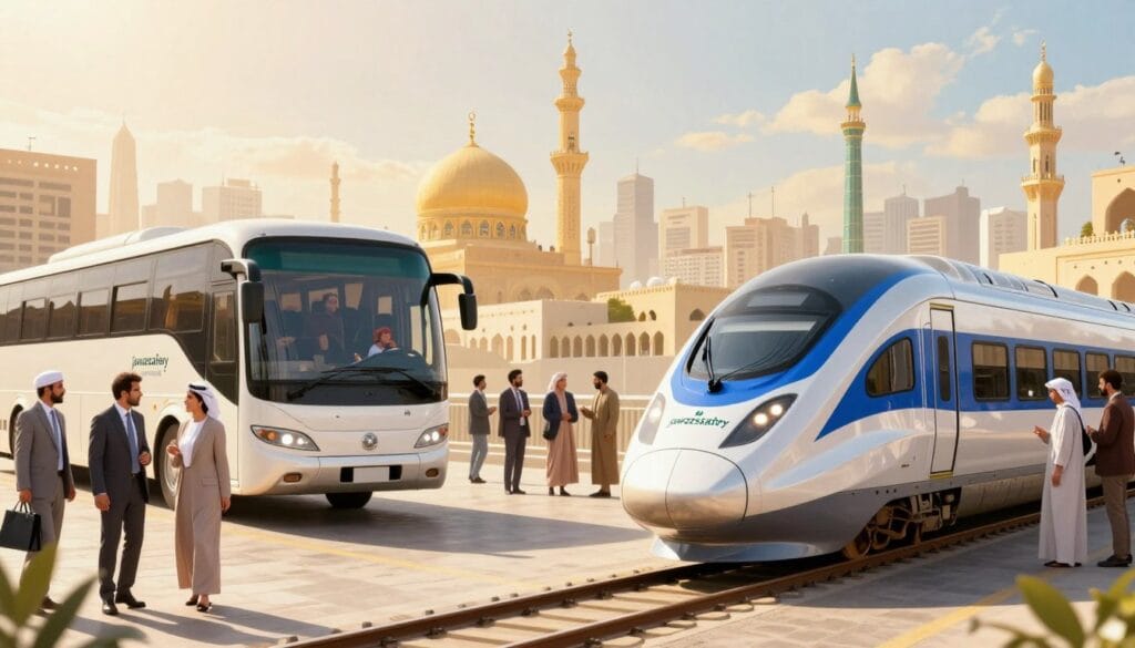 A vibrant and informative scene illustrating the comparison between travel methods in Makkah and Madinah in 2026. In the foreground, a modern train of the Haramain line is depicted, sleek and shiny, showcasing its high-speed capabilities. Nearby, a comfortable bus stands ready for passengers, exhibiting a friendly yet professional atmosphere, suitable for family travel. The middle ground features bustling travelers dressed in modest casual attire, showing a mix of local citizens and tourists, all engaged in lively discussions about their travel choices. The background captures the iconic skyline of both cities, with the Grand Mosque and the Prophet's Mosque subtly illustrated, bathed in warm golden light, creating an inviting and hopeful atmosphere. The composition is bright and detailed, evoking excitement about travel options with the brand name "jawazsafary" subtly integrated into the scenery. A vibrant and informative scene illustrating the comparison between travel methods in Makkah and Madinah in 2026. In the foreground, a modern train of the Haramain line is depicted, sleek and shiny, showcasing its high-speed capabilities. Nearby, a comfortable bus stands ready for passengers, exhibiting a friendly yet professional atmosphere, suitable for family travel. The middle ground features bustling travelers dressed in modest casual attire, showing a mix of local citizens and tourists, all engaged in lively discussions about their travel choices. The background captures the iconic skyline of both cities, with the Grand Mosque and the Prophet's Mosque subtly illustrated, bathed in warm golden light, creating an inviting and hopeful atmosphere. The composition is bright and detailed, evoking excitement about travel options with the brand name "jawazsafary" subtly integrated into the scenery.