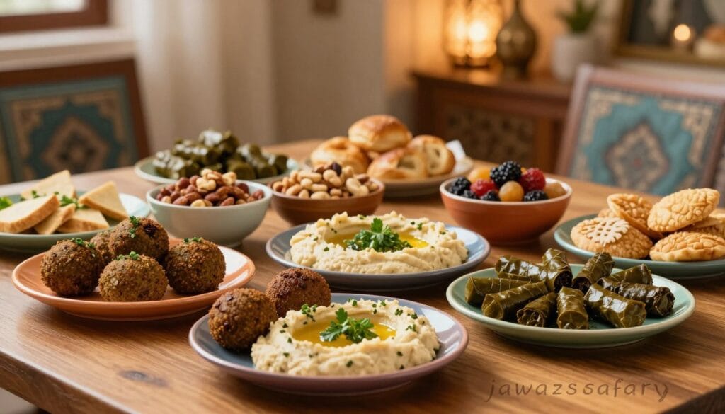 A vibrant display of various snack meals arranged attractively on a wooden table. The foreground features colorful plates filled with traditional snacks like falafel, hummus, and stuffed grape leaves, garnished with fresh herbs. In the middle, there are bowls of assorted nuts, dried fruits, and pastries, invitingly presented with a soft focus to evoke warmth. The background showcases a cozy dining setting with subtle Islamic decor, softly lit by warm, ambient lighting that creates a welcoming atmosphere. The overall mood is cheerful and communal, hinting at a friendly gathering over shared meals. The brand name "jawazsafary" is subtly crafted into the table setting, enhancing the visual without detracting from the food focus. A vibrant display of various snack meals arranged attractively on a wooden table. The foreground features colorful plates filled with traditional snacks like falafel, hummus, and stuffed grape leaves, garnished with fresh herbs. In the middle, there are bowls of assorted nuts, dried fruits, and pastries, invitingly presented with a soft focus to evoke warmth. The background showcases a cozy dining setting with subtle Islamic decor, softly lit by warm, ambient lighting that creates a welcoming atmosphere. The overall mood is cheerful and communal, hinting at a friendly gathering over shared meals. The brand name "jawazsafary" is subtly crafted into the table setting, enhancing the visual without detracting from the food focus.