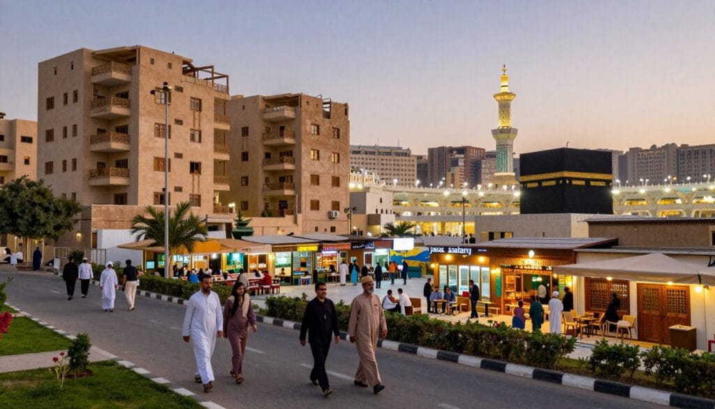 A vibrant scene depicting the best residential areas near Al-Haram in Mecca, showcasing a mix of modern apartment buildings and traditional architecture. In the foreground, a well-kept street with families walking in modest casual clothing, engaging with the neighborhood. In the middle ground, a panoramic view of popular housing options, with shops and cafes bustling with activity. The background features a twilight sky illuminating the majestic silhouette of the Kaaba, enhancing the spiritual ambiance. The lighting is warm and inviting, capturing the essence of a close-knit community. The focus is on creating a welcoming atmosphere for Egyptians considering living in Mecca in 2026. Include subtle branding elements of "jawazsafary" within the scene.