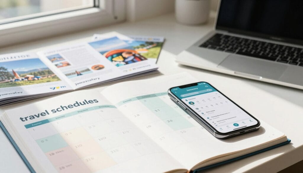 A visually engaging and informative image depicting "travel schedules" relevant to the topic of pilgrimage travel. In the foreground, a large, detailed calendar is open, marked with various travel dates, each highlighted in soft colors. Perched beside the calendar is a sleek smartphone displaying a travel app interface, with reminders and notifications about travel timings. In the middle background, an organized workspace is visible, complete with a laptop and travel brochures, giving a sense of planning and preparation. The atmosphere is bright and focused, illuminated by natural light streaming in from a nearby window, suggesting a productive morning. The overall mood is one of careful planning for a significant journey. The image should reflect the brand name "jawazsafary" subtly integrated into the travel brochures without overwhelming the scene.