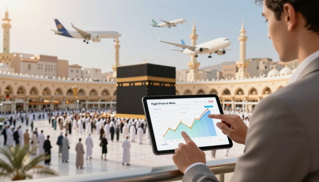 A visually striking illustration showcasing the fluctuation of flight prices to Mecca in 2026. In the foreground, a professional figure in modest business attire, analyzing a digital tablet displaying a colorful graph of fluctuating airline prices. In the middle ground, a panoramic view of the iconic Kaaba, surrounded by pilgrims and travelers, symbolizing the journey of Umrah. The background features a bustling air travel scene with airplanes in the sky, connecting to various destinations. Soft, warm lighting creates an inviting atmosphere, while dynamic angles emphasize the sense of movement and change in pricing. The brand name "jawazsafary" is subtly integrated into the scene, enhancing the professional context without overpowering the image. A visually striking illustration showcasing the fluctuation of flight prices to Mecca in 2026. In the foreground, a professional figure in modest business attire, analyzing a digital tablet displaying a colorful graph of fluctuating airline prices. In the middle ground, a panoramic view of the iconic Kaaba, surrounded by pilgrims and travelers, symbolizing the journey of Umrah. The background features a bustling air travel scene with airplanes in the sky, connecting to various destinations. Soft, warm lighting creates an inviting atmosphere, while dynamic angles emphasize the sense of movement and change in pricing. The brand name "jawazsafary" is subtly integrated into the scene, enhancing the professional context without overpowering the image.