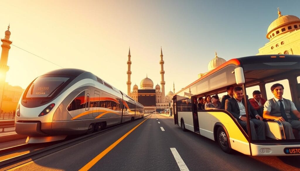 Realistic scene of a high-speed train in Mecca in 2026, representing the Haramain High Speed Railway. The train is shown near Mecca city infrastructure, with modern railway tracks and urban surroundings. No Medina landmarks. Natural daylight, clear sky. The train design is sleek and modern, symbolizing speed and efficiency for pilgrims. The environment feels calm, realistic, and practical, not cinematic or exaggerated. Wide-angle shot, realistic travel photography style. No people in focus. No text on the image. Subtle watermark or brand name "jawazsafary" blended naturally into the scene. Realistic scene of a high-speed train in Mecca in 2026, representing the Haramain High Speed Railway. The train is shown near Mecca city infrastructure, with modern railway tracks and urban surroundings. No Medina landmarks. Natural daylight, clear sky. The train design is sleek and modern, symbolizing speed and efficiency for pilgrims. The environment feels calm, realistic, and practical, not cinematic or exaggerated. Wide-angle shot, realistic travel photography style. No people in focus. No text on the image. Subtle watermark or brand name "jawazsafary" blended naturally into the scene.