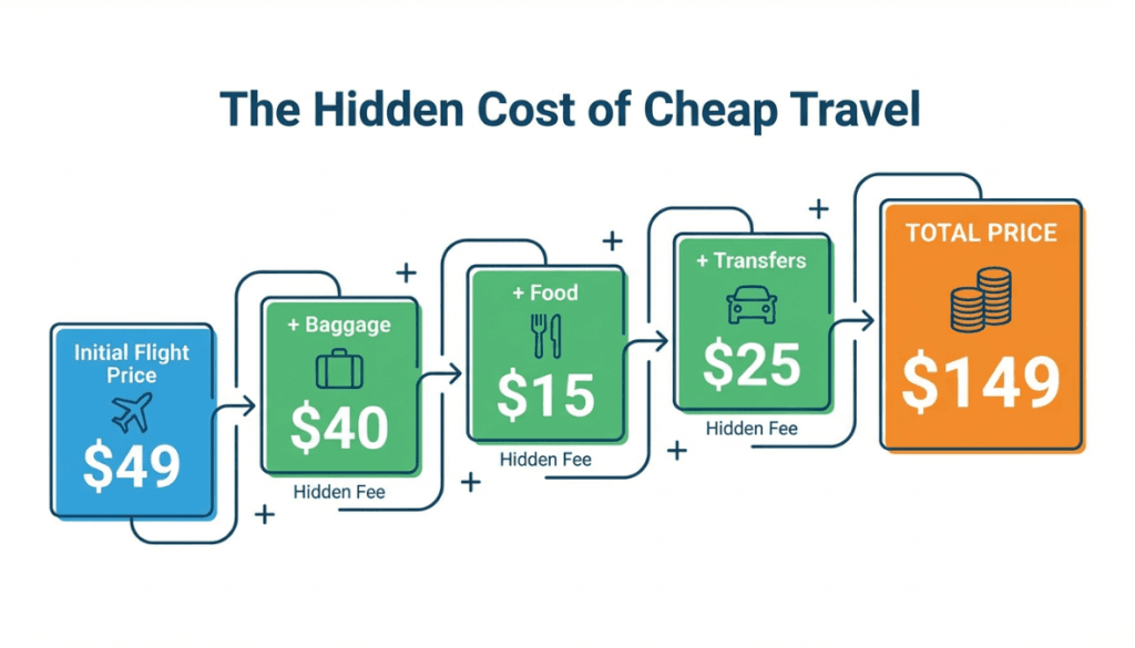 السفر بالأرقام: أين تُستنزف الميزانية دون أن تشعر؟ 2 إنفوجرافيك يوضح كيف تتحول تكلفة السفر الرخيصة إلى مبلغ مرتفع بسبب الرسوم الإضافية