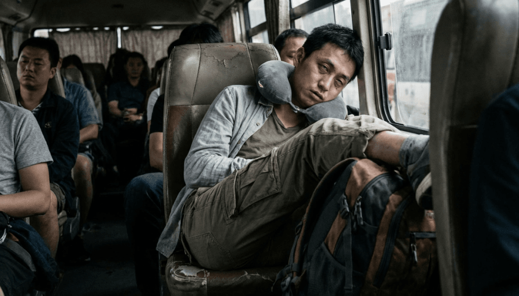 مسافر مرهق خلال الرحلة بسبب اختيار خيار سفر أقل راحة